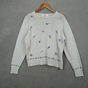 All Points By Reference Point Sweater Womens Large Light Blue Floral Embroidered
